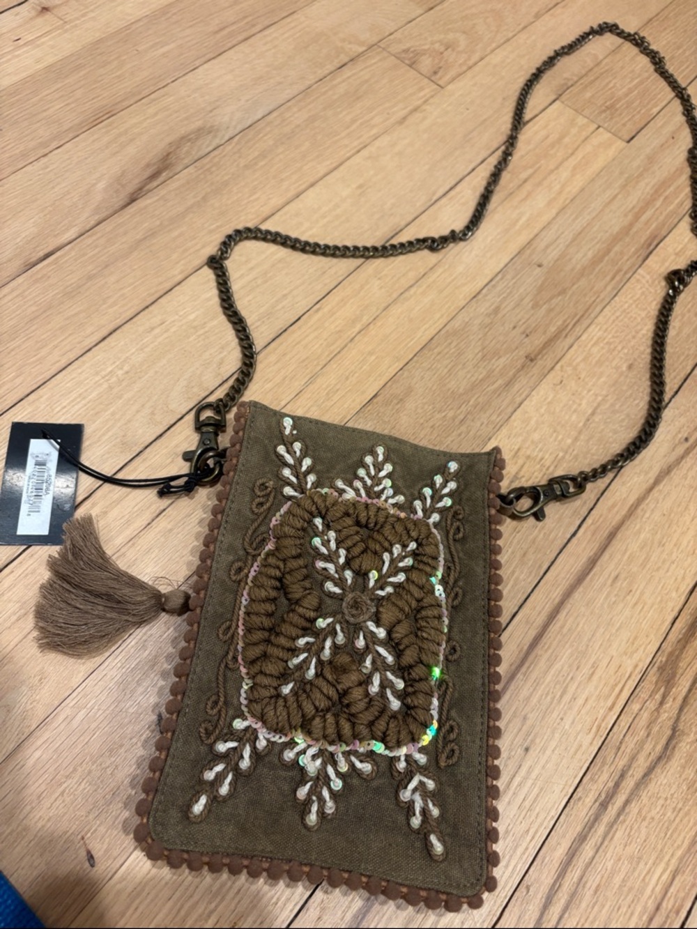 Olive Green Embroidered Crossbody Bag with Chain Strap - Picture 5 of 5